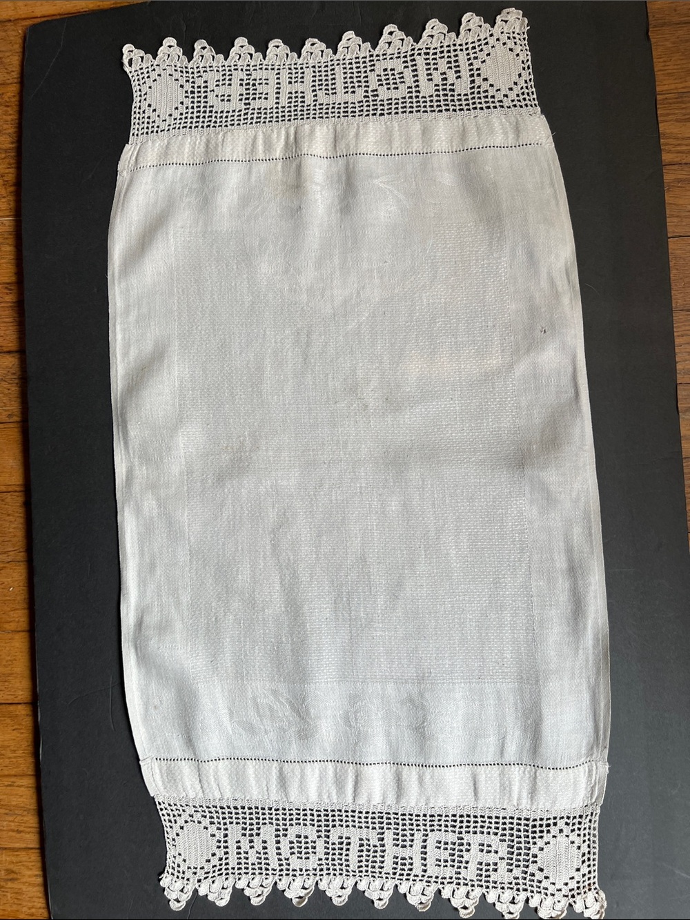 Victorian Era White Work linen Handmade White Crochet“MOTHER‘“ on  edging.